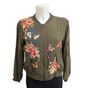 Johnny Was Lucy 100% Silk Bomber Jacket Army Green Embroidered Full Zip sz PS